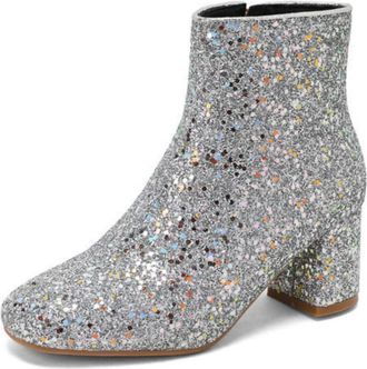 Generic Womens Glitter Ankle Boots with Chunky Block Heel & Side Zipper, for Party & Festive Wear,Silver,6.5 UK