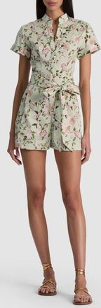 Alice & Olivia Lucy Floral Belted Romper in Garden Gossip Light Sage at Nordstrom, Size 12
