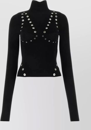 Off-white eyelet-embellished high-neck long-sleeve knitted top