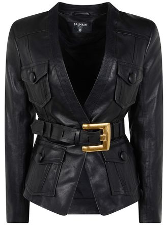 Balmain 4 Pockets Belted Fitted Lambskin Jacket