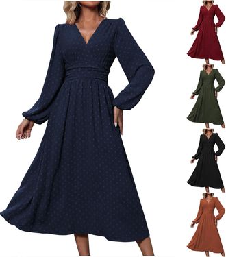 Generic Maxi Dresses for Women UK Elegant Ladies Spring Summer Dresses Chiffon V Neck Lantern Long Sleeve Dress Solid Color Swiss Dot High Waist Casual Long S
