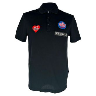 Versace Patched Polo Shirt in Black Cotton