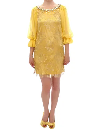 Dolce & Gabbana Womens Yellow Lace Crystal Mini Dress Metal