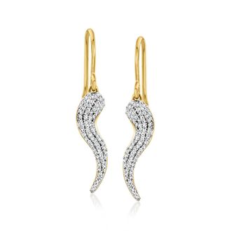Ross-Simons Pave Diamond Italian Horn Drop Earrings in 18kt Gold Over Sterling
