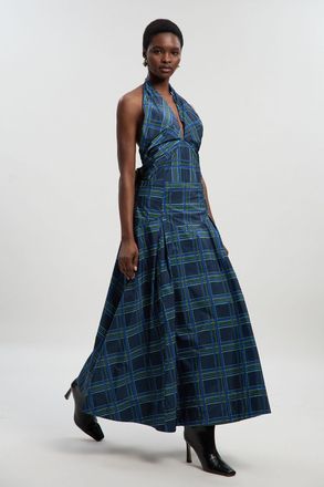 Karen Millen Womens Check Print Taffeta Woven Maxi Skirt - Navy - Size 14 UK