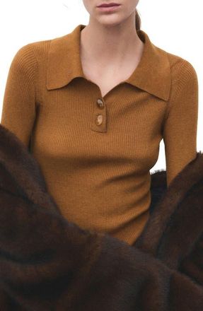 Mango Rib Fluted Long Sleeve Polo Sweater in Tobacco Brown at Nordstrom, Size X-Small