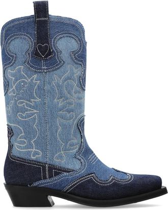 Ganni Denim Enkellaarsjes met Hak - Dames - Cowboylaarzen - Blauw - 36 EU - Denim - Schoenen