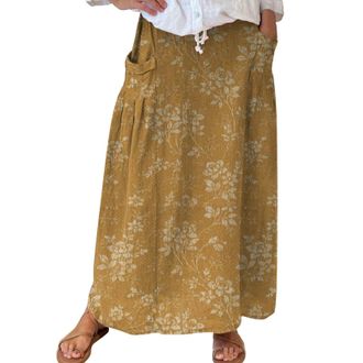 Generic Womens Floral Art Linen Elastic Waistband Pocket Skirt Plus Size Denim Skirt (Gold, XL)