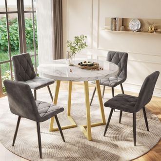 Matteo Modern Round Coffee Table with Gold Stand & Marble Pattern in White