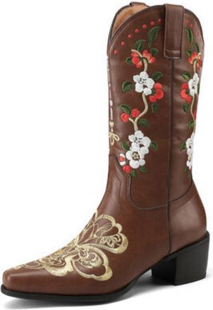 Generic Womens Low Chunky Heel Long Boots Square Toe Western Cowboy Boot with Embroidery Stitched Pull on Mid-Calf Boots,Brown,6.5 UK