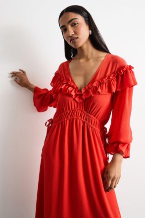 Warehouse Womens Ruffle Shoulder Detail V Neck Boho Maxi Dress - Red - Size 14 UK