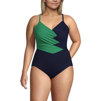 Lands End Slender Suit V-neck Pleated X-back One Piece Swimsuit Adjustable Straps in Green/navy at Nordstrom, Size 20W