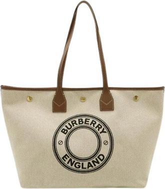 Burberry Pre-owned Canvas Leather Round Logo Tote Bag - Dames - Vintage Shopper - Beige - ONE Size - Leer - Vintage