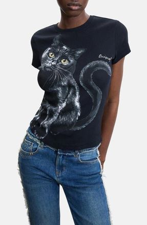 Desigual Stretch Cotton Cat Graphic T-Shirt in Black at Nordstrom, Size X-Large