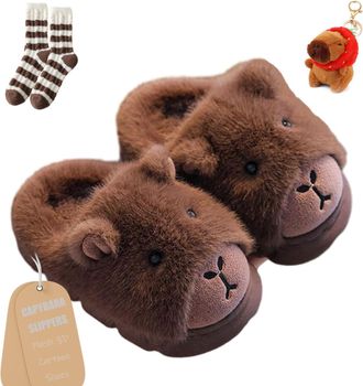 Generic Capybara Slippers, Capybara Slippers for Men Women, Plush Cartoon Shoes Warm Non-slip Soft and Comfortable (Brown-A, One Size, Adult, Women, 6, Numeri