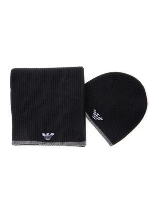 Emporio Armani Black Scarf And Beanie Set With Logo Embroidery In Wool Blend Man