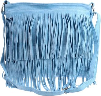 Girly HandBags Womens Large Genuine Suede Fringe Shoulder Bag Crossbody Slouch Elegant - Light Blue