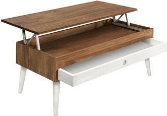 HOGAR 24 Alice Mesa Centro Elevable Cajón Deslizante Madera Maciza Color Encerado y Blanco Pata Cónica