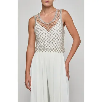 L'agence Freia Sheer Net Crystal Embellished Crop Tank in Clear Crystal Netting at Nordstrom, Size Large