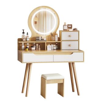 Urban Meuble Tocador compacto blanco efecto madera con espejo LED y taburete