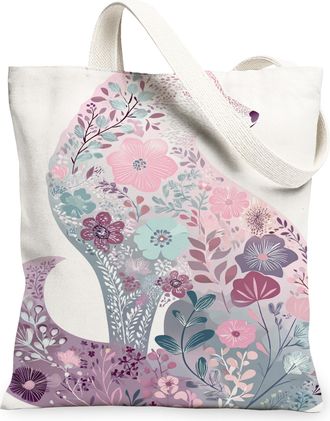 Generic Floral Canvas Tote Bags, Elegant Flower Pattern Reusable Grocery Bags, Vintage Lightweight Washable Shoulder Strap Canvas F, Peach, 13x15 Inch