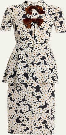 Valentino Garavani Daisy-Print Silk Bow-Front Peplum Shirtdress