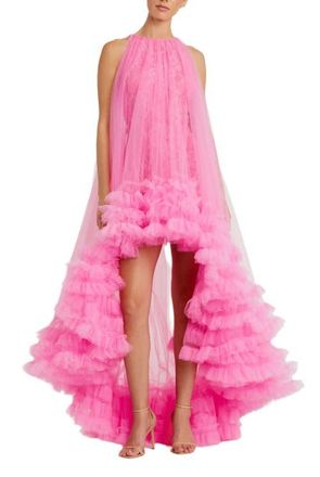 Mac Duggal Womens Tulle High Neck Sleeveless Ruffled Hem Hi-Lo Gown in Hot Pink at Nordstrom, Size 12