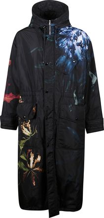 Dries Van Noten Floral Print Long Parka With Drawstring Hood And Functional Pockets