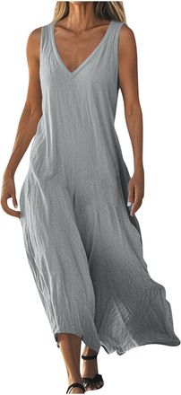 Generic Dresses for Women UK Comfy Cotton Linen V Neck Sleeveless Boho Maxi Dresses Lightweight Boho Summer Sun Dress Gray X-Large Plus Size 20