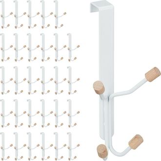 Relaxdays Relaxdays Set of 30 Door Fourfold Hooks, Scandinavian, Iron & Wood, Hanging Coat Rack HWD: 19 x 9 x 8 cm, White/Natural
