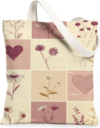 Generic Floral Pattern Canvas Tote Bags, Vintage Botanical Design Reusable Grocery Bags, Lightweight Washable Shoulder Strap Canvas, Peach, 13x15 Inch