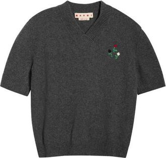 Marni Embroidered Flowers Short Sleeve Wool & Cashmere V-Neck Sweater in Fln60 Graphite at Nordstrom, Size 36