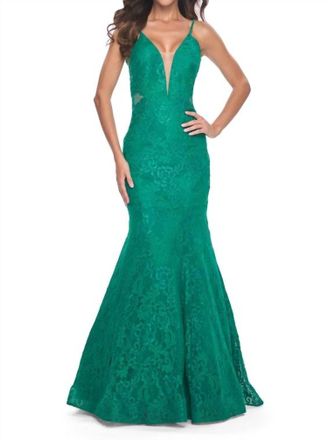 La Femme Lace Mermaid Rhinestone Gown In Jade