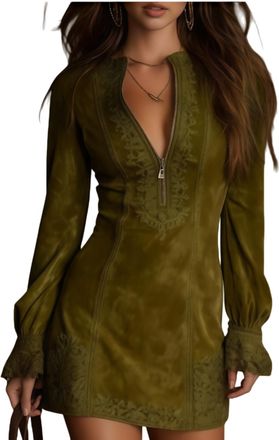 Generic Womens Suede Half Zip Fall Mini Dress, Western Cowgirl Lace Trim V-Neck Long Sleeve Retro Sexy Bodycon Short Dress Outfits (Green,S)