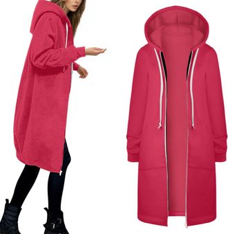 Generic Longline Hoodies For Women Uk Full Zip Up Thin Fleece Hoody Jackets With Pockets Plus Size Mid-length Hooded Sweahirts With Drawstring Hood Solid Warm