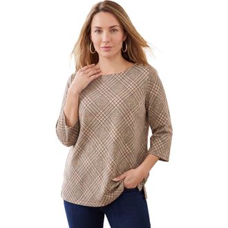 Jessica London Stretch Cotton Boatneck Tunic in Brown Bias Glen Plaid at Nordstrom, Size 44