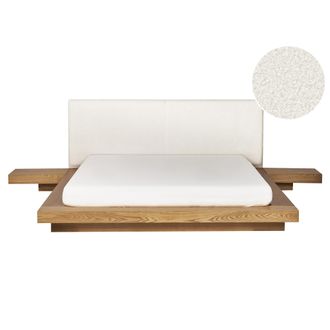 Beliani Cama De Agua Moderna 160 X 200 Cm Con Colch&oacute;n Mesitas De Noche Cabecero De Boucl&eacute; Madera De Fresno Natural Zen