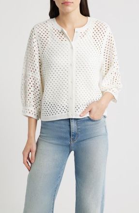 Wit & Wisdom Openwork Blouson Sleeve Top in Off White at Nordstrom, Size X-Small