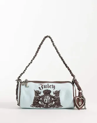 Juicy Couture borsa a spalla a barilotto con dettaglio charm, logo, blu e marrone