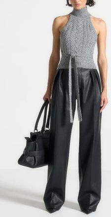 Mani&egrave;re De Voir Olivia Pebbled Leather Pleated Stacked Trousers in Black at Nordstrom, Size 10