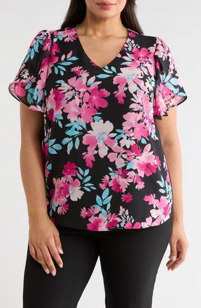 Kasper Floral Print Tulip Sleeve Top in Black Multi at Nordstrom, Size 1X