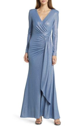 Vince Camuto Ruched Metallic Side Drape Long Sleeve Gown in Blue at Nordstrom, Size 6