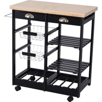 HOMCOM Carrello da Cucina in Legno con Ruote Ripiani e Portabottiglie 74x37x76cm
