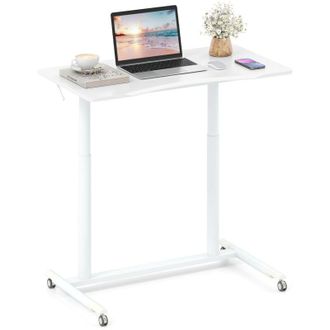 Costway Tavolo con ruote per divano letto da 95 x 52 cm, scrivania regolabile in altezza, tavolino laterale, gazebo a C con ruote bloccabili, bianco