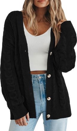PrettyGarden Womens Cable Knit Sweaters 2025 Fall Oversized Chunky Open Front Long Sleeve Cardigan Winter Coats, Black, XXL