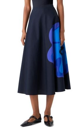 Akris Floral Print Cotton Poplin A-Line Midi Skirt in Black-Multicolor at Nordstrom, Size 10