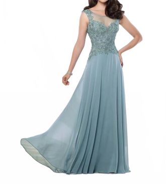 Montage by Mon Cheri Chiffon A-Line Lace Bodice Gown In Sea Mist