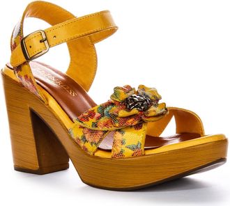 Justinreess England Sunny Womens 3.5IN Open Heel Floral Buckle Heel Shoes (Yellow, UK 6)