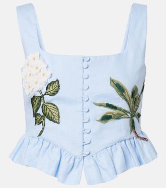 Agua Bendita Eslab&oacute;n floral-appliqu&eacute; linen bustier top