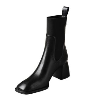 Generic Womens PU Leather Chelsea Ankle Boots Square Toe Stretch Panel Flared Block Heels Pull Tab Soft Lining Cushioned Insole Durable Non-Slip Outsole,Black